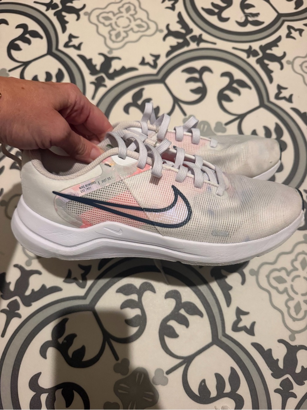 Nike Kids White Sneakers with Pink and Navy Swoosh